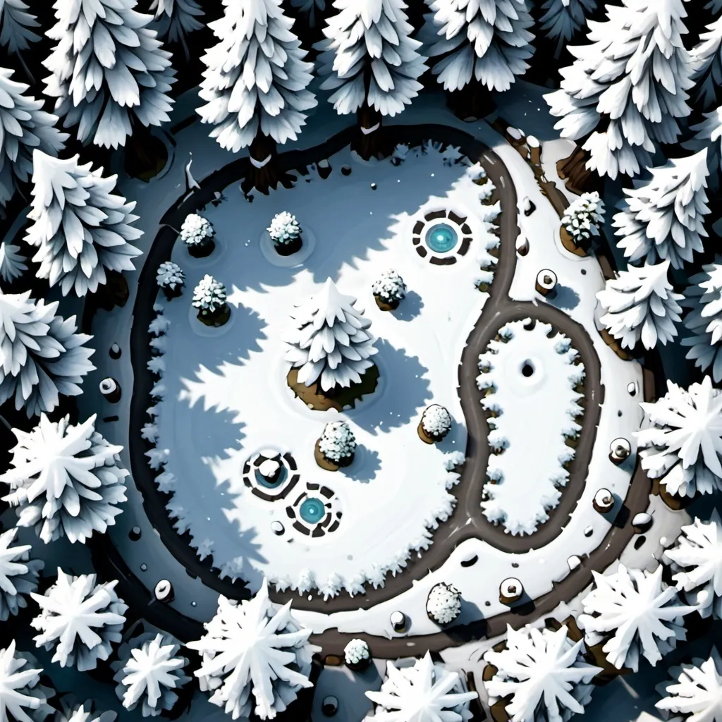 Prompt: Top-down view, snowy forest, DnD map, 2 dimensional, 2D