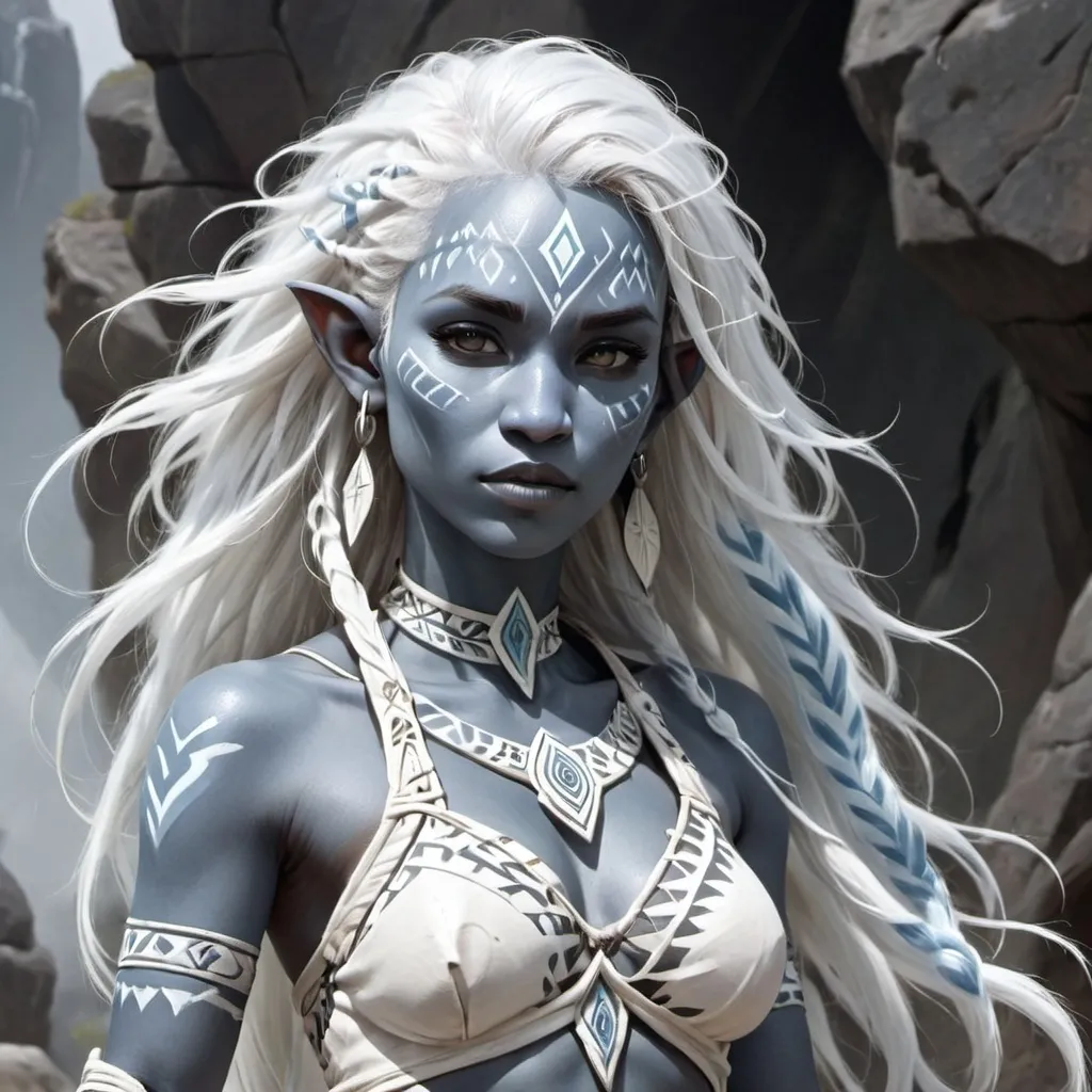 Prompt: Air Genasi, female, white flowing hair, light grey-blue skin and body skin, tribal markings on face, DnD art style, full portrait, fantasy