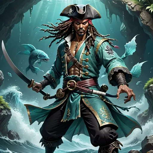 Prompt: DnD Aquan, male, pirate, karate pose, standing, DnD style, fantasy