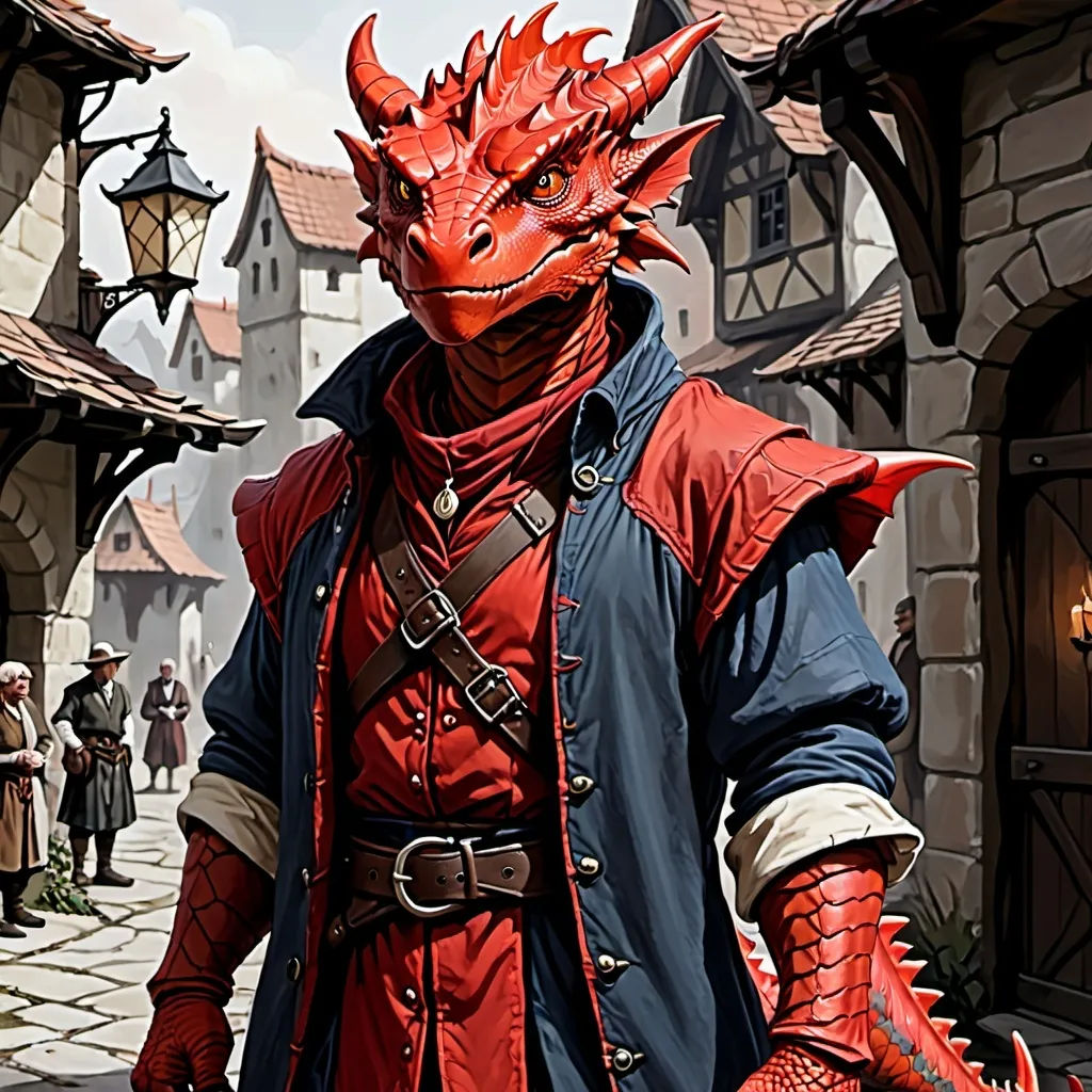 Prompt: Red dragonborn, male, townsfolk clothes, DnD style