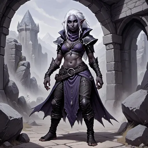 Prompt: Duergar, female, drow skin white punk rock hair,  standing, gruff thug, long snout, mean, DnD style, fantasy