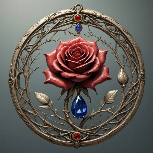 Prompt: An amulet with the sapphire gem etched with the design of a red rose in full bloom, the petals spiraled into a veil-like swirl, with thorned vines coiled beneath.