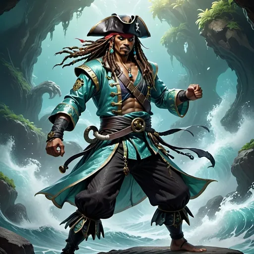 Prompt: DnD Aquan, male, pirate, karate pose, standing, DnD style, fantasy