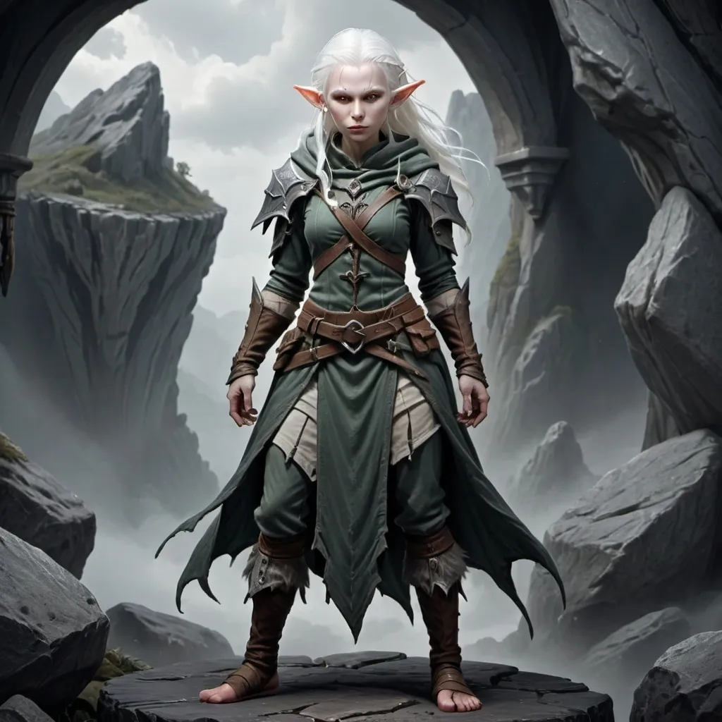 Prompt: Shadar-Kai ,female, albino skin, white hair, elf-like, standing, gruff thug, mean, DnD style, fantasy