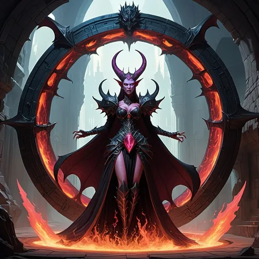 Prompt: Dungeons and Dragons giant Succubus queen Malcanthet in a hellish dress entering the moral plane through a giant dimensional portal