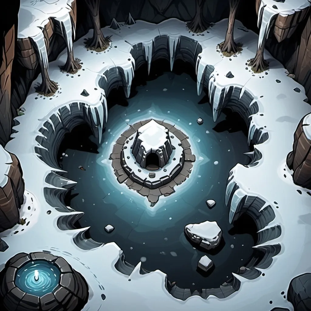 Prompt: Top-down view, snowy cave, DnD map, 2 dimensional, 2D