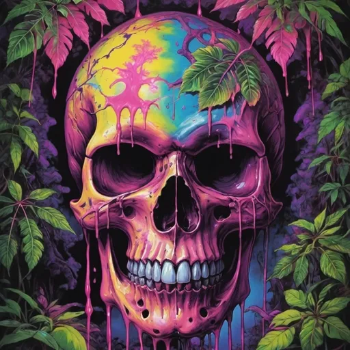 Prompt: psychedelic print  skull, tie dye, jungle, Africa, pink leaves, melting,  dripping pink paint, neon lightrainforest, violet, apocalypse, concert poster, pink, trick of the eye painting