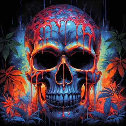 Prompt: psychedelic print skull, orange tie dye, red jungle, Africa ,orange leaves, melting, dripping orange paint, neon light rainforest, red, apocalypse, concert poster, orange, trick of the eye painting