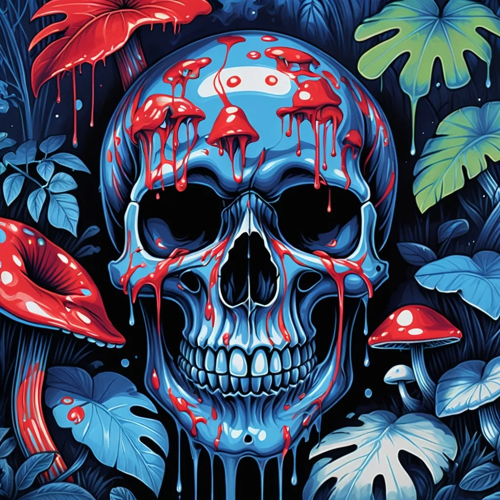 Prompt: psychedelic print skull, candy blue jungle, candy blue leaves blue, melting,  dripping bright blue red paint, rainforest blue, blue mushroom, apocalypse, concert poster, trick of the eye painting