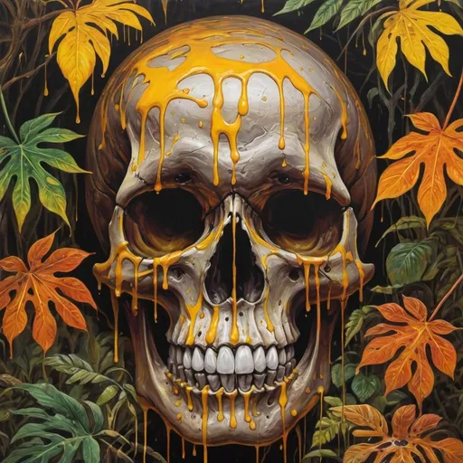 Prompt: psychedelic print  skull, yellow jungle, Africa, yellow orange leaves, melting,  dripping yellow paint, yellow rainforest, orange, yellow, apocalypse, concert poster, orange, trick of the eye painting