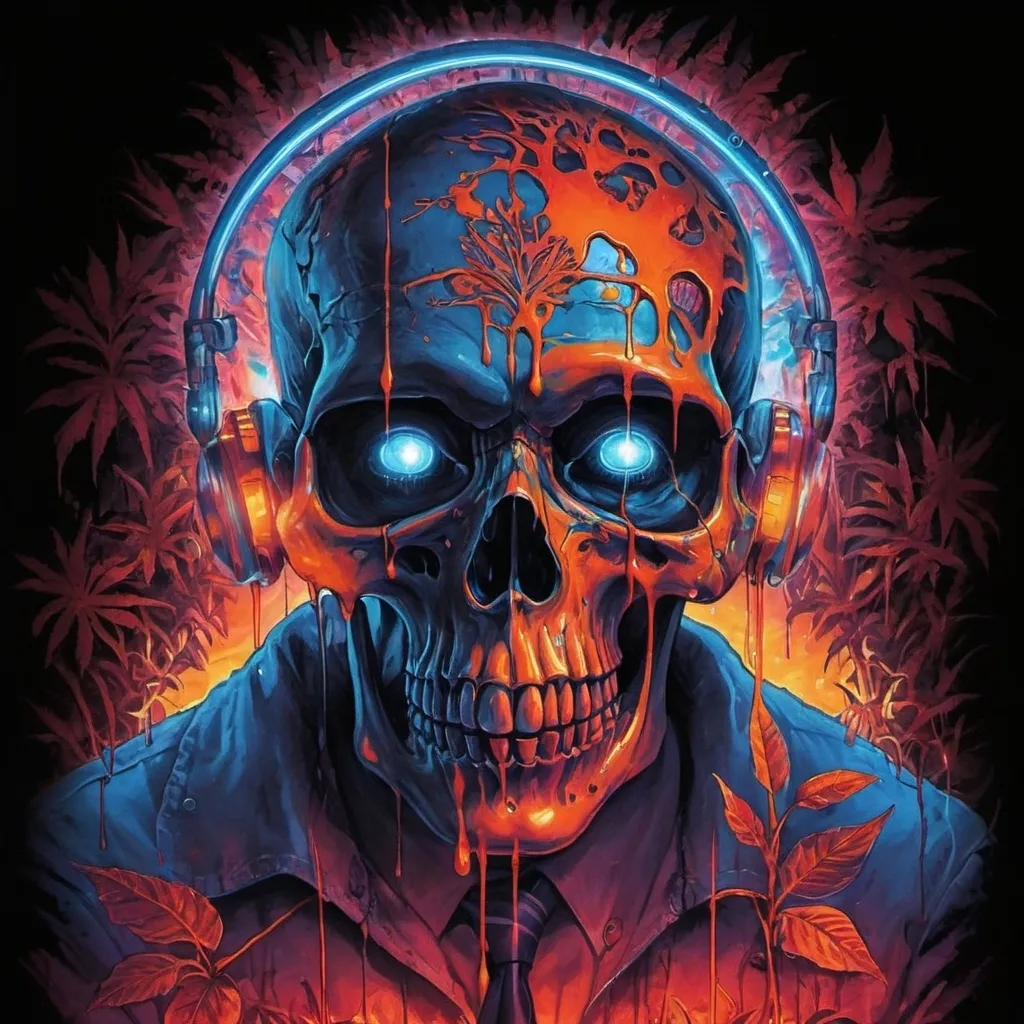 Prompt: psychedelic print skull, orange tie dye, red jungle, Africa ,orange leaves, melting, dripping orange paint, neon light rainforest, red, apocalypse, concert poster, orange, trick of the eye painting