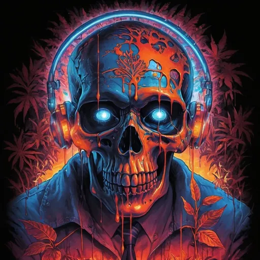 Prompt: psychedelic print skull, orange tie dye, red jungle, Africa ,orange leaves, melting, dripping orange paint, neon light rainforest, red, apocalypse, concert poster, orange, trick of the eye painting