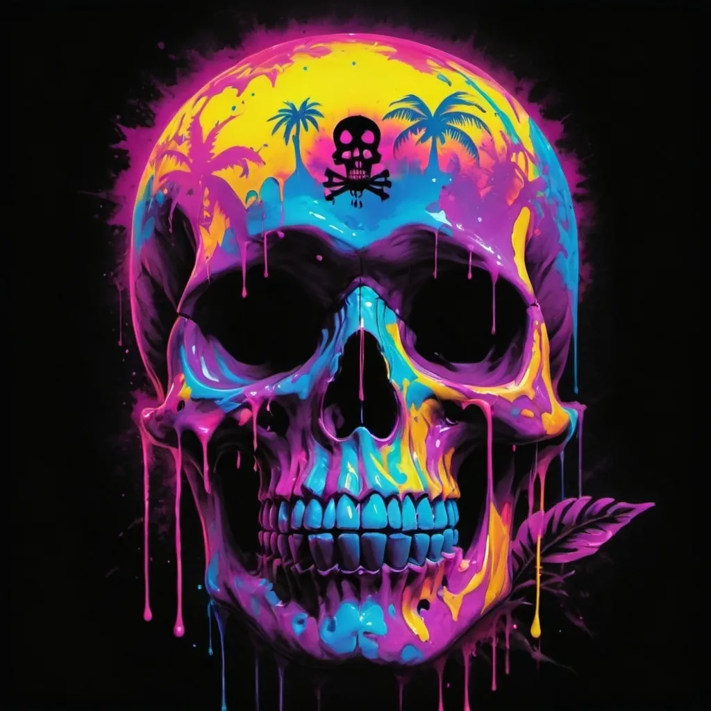 Prompt: psychedelic print skull, pink tie dye, pink jungle, Africa, pink leaves, melting,  dripping pink paint, neon light rainforest, violet, apocalypse, concert poster, pink, trick of the eye painting