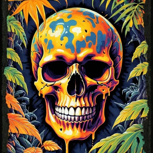 Prompt: psychedelic print  skull, yellow jungle, Africa, yellow orange leaves, melting,  dripping yellow paint, yellow rainforest, orange, yellow, apocalypse, concert poster, orange, trick of the eye painting