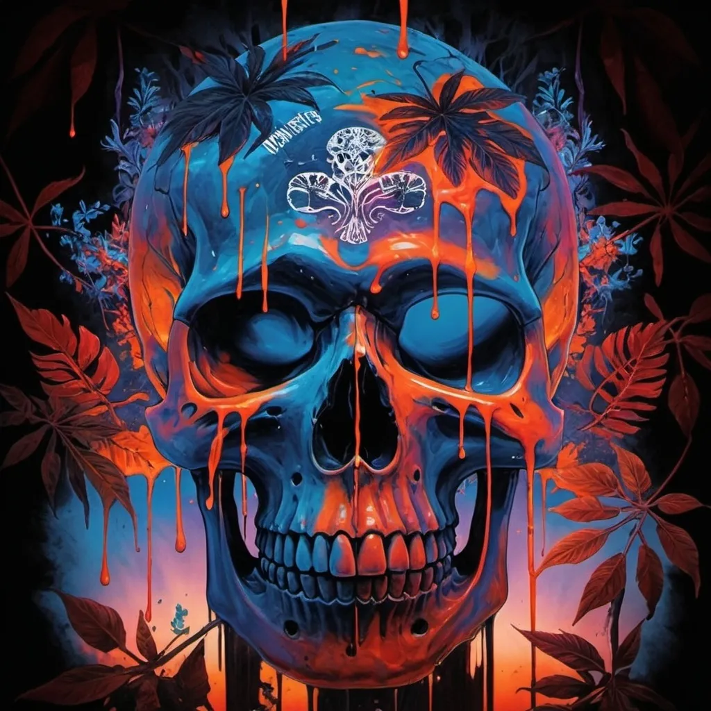 Prompt: psychedelic print skull, orange tie dye, red jungle, Africa ,orange leaves, melting, dripping orange paint, neon light rainforest, red, apocalypse, concert poster, orange, trick of the eye painting