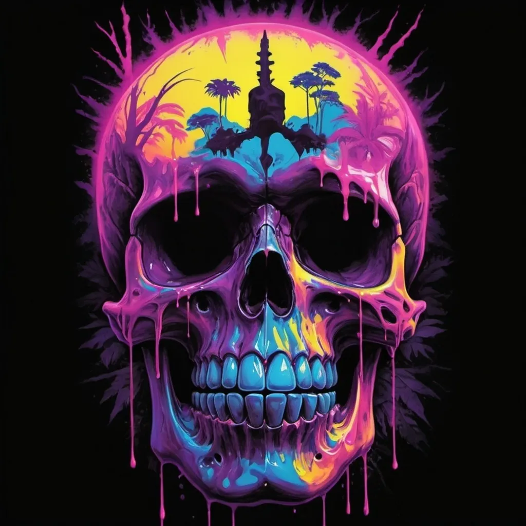 Prompt: psychedelic print skull, pink tie dye, pink jungle, Africa, pink leaves, melting,  dripping pink paint, neon light rainforest, violet, apocalypse, concert poster, pink, trick of the eye painting