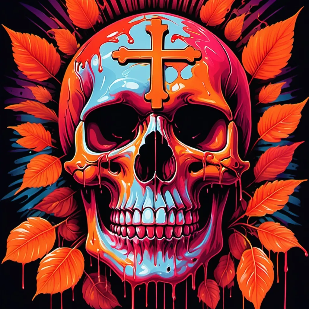 Prompt: psychedelic print skull, camerlengo, neon holy cross on forehead, red orange jungle, red leaves, melting, dripping paint, concert poster, trick of the eye painting