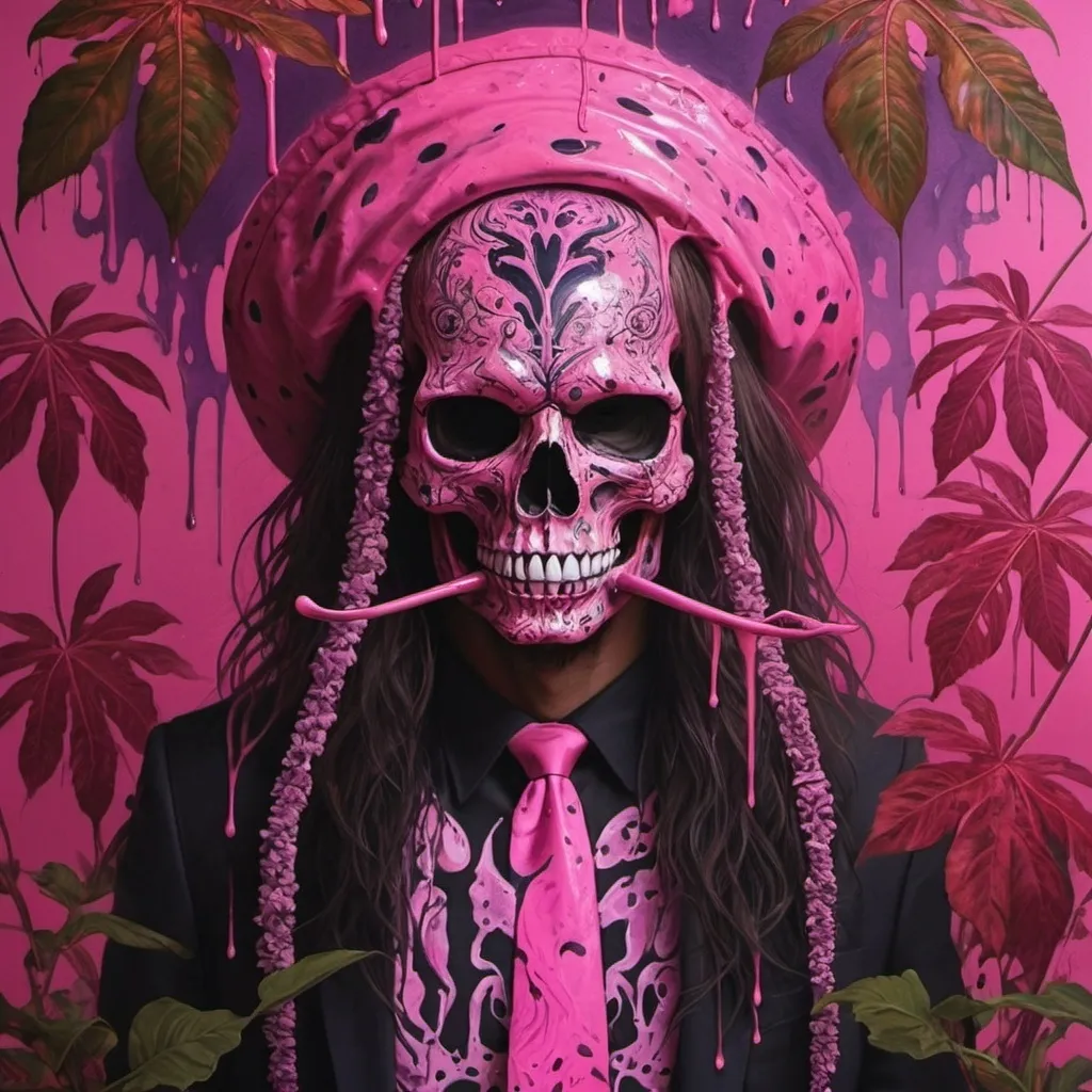 Prompt: psychedelic print skull, pink tie dye, pink jungle, Africa, pink leaves, melting,  dripping pink paint, neon light rainforest, violet, apocalypse, concert poster, pink, trick of the eye painting