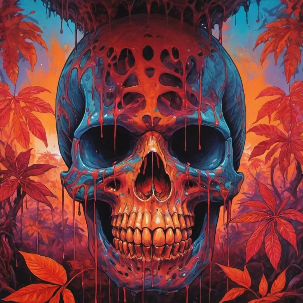 Prompt: psychedelic print skull, orange tie dye, red jungle, Africa ,orange leaves, melting, dripping orange paint, neon light rainforest, red, apocalypse, concert poster, orange, trick of the eye painting