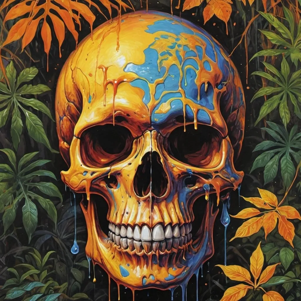 Prompt: psychedelic print  skull, yellow jungle, Africa, yellow orange leaves, melting,  dripping yellow paint, yellow rainforest, orange, yellow, apocalypse, concert poster, orange, trick of the eye painting