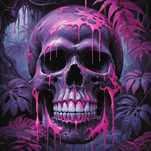 Prompt: psychedelic print skull, pink tie dye, pink jungle, Africa, pink leaves, melting,  dripping pink paint, neon light rainforest, violet, apocalypse, concert poster, pink, trick of the eye painting