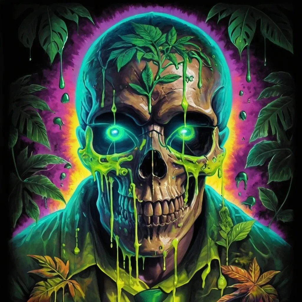 Prompt: psychedelic print skull, green tie dye, green jungle, Africa ,green leaves, melting, dripping yellow paint, neon light rainforest, green, apocalypse, concert poster, green, trick of the eye painting