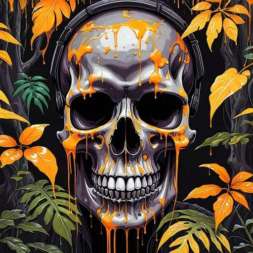 Prompt: psychedelic print orange skull, gun, yellow jungle,  yellow orange leaves, melting,  dripping yellow paint, yellow rainforest, orange, yellow, apocalypse, concert poster, orange, trick of the eye painting