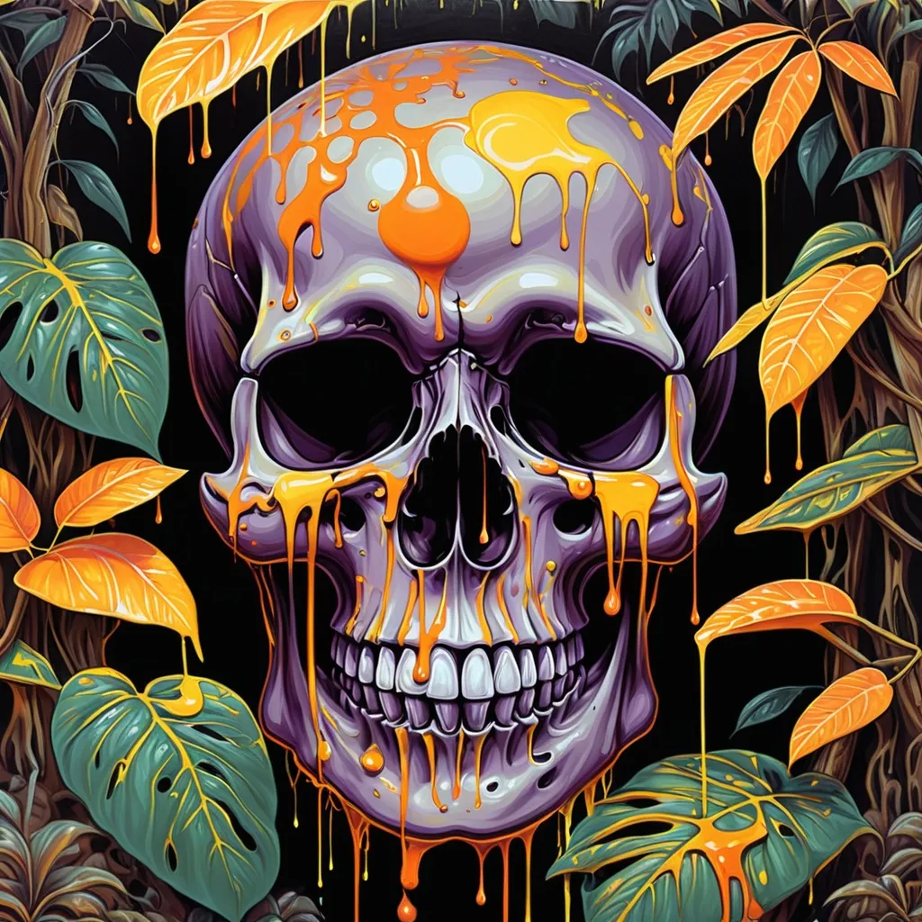 Prompt: psychedelic print two skulls, yellow jungle, candy yellow orange leaves , melting,  dripping bright yellow paint, rainforest orange, gun, apocalypse, concert poster, trick of the eye painting