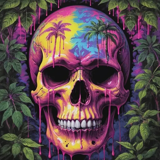 Prompt: psychedelic print  skull, tie dye, jungle, Africa, pink leaves, melting,  dripping pink paint, neon lightrainforest, violet, apocalypse, concert poster, pink, trick of the eye painting