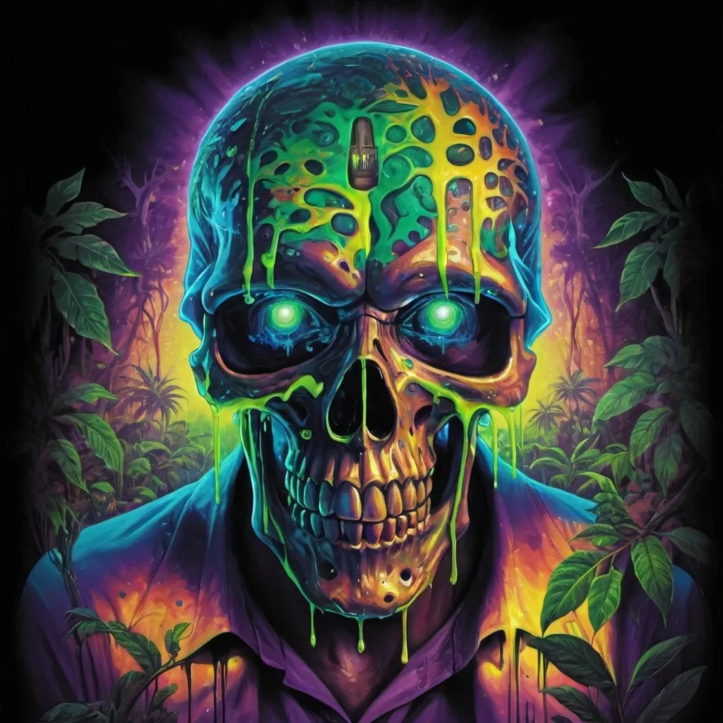 Prompt: psychedelic print skull, green tie dye, green jungle, Africa ,green leaves, melting, dripping yellow paint, neon light rainforest, green, apocalypse, concert poster, green, trick of the eye painting