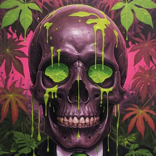 Prompt: psychedelic print skull, green tie dye, green jungle, Africa ,green leaves, melting, dripping yellow paint, neon light rainforest, green, apocalypse, concert poster, green, trick of the eye painting