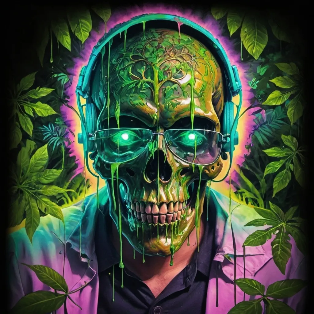 Prompt: psychedelic print skull, green tie dye, green jungle, Africa ,green leaves, melting, dripping yellow paint, neon light rainforest, green, apocalypse, concert poster, green, trick of the eye painting