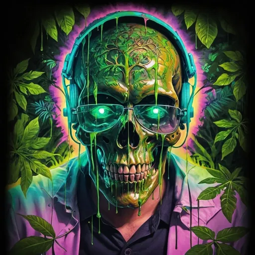 Prompt: psychedelic print skull, green tie dye, green jungle, Africa ,green leaves, melting, dripping yellow paint, neon light rainforest, green, apocalypse, concert poster, green, trick of the eye painting