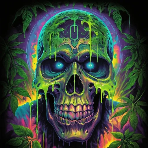 Prompt: psychedelic print skull, green tie dye, green jungle, Africa ,green leaves, melting, dripping yellow paint, neon light rainforest, green, apocalypse, concert poster, green, trick of the eye painting