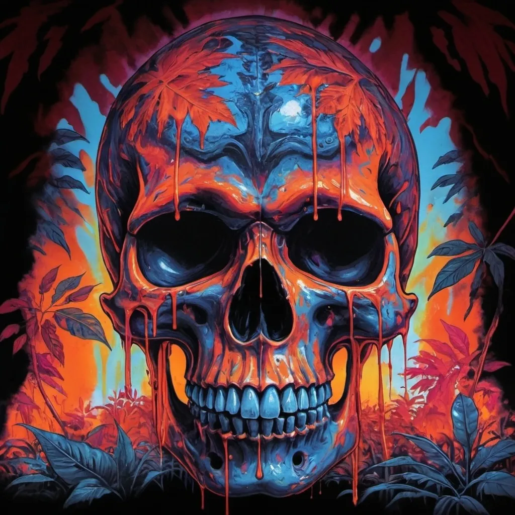 Prompt: psychedelic print skull, orange tie dye, red jungle, Africa ,orange leaves, melting, dripping orange paint, neon light rainforest, red, apocalypse, concert poster, orange, trick of the eye painting