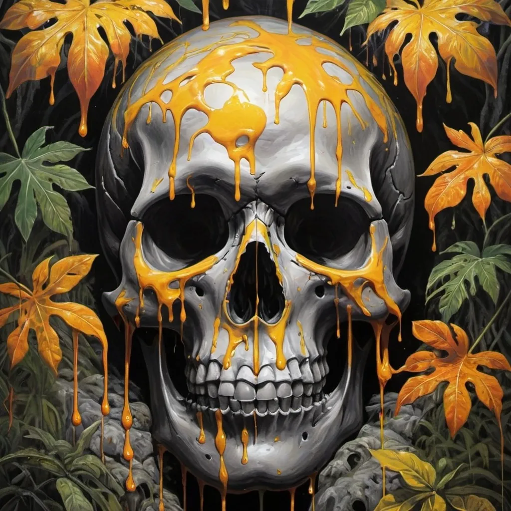 Prompt: psychedelic print  skull, yellow jungle, Africa, yellow orange leaves, melting,  dripping yellow paint, yellow rainforest, orange, yellow, apocalypse, concert poster, orange, trick of the eye painting