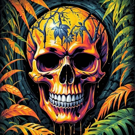 Prompt: psychedelic print  skull, yellow jungle, Africa, yellow orange leaves, melting,  dripping yellow paint, yellow rainforest, orange, yellow, apocalypse, concert poster, orange, trick of the eye painting