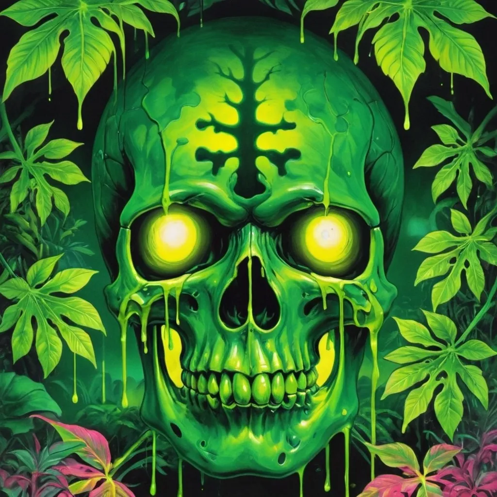 Prompt: psychedelic print two skulls, green tie dye, green jungle, Africa ,green leaves, melting, dripping yellow paint, neon light rainforest, green, apocalypse, concert poster, green, trick of the eye painting