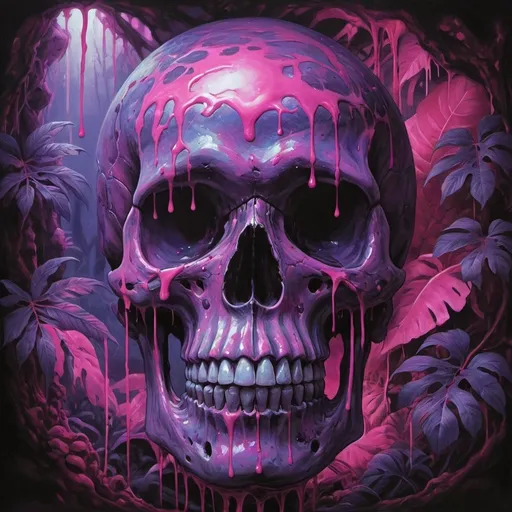 Prompt: psychedelic print skull, pink tie dye, pink jungle, Africa, pink leaves, melting,  dripping pink paint, neon light rainforest, violet, apocalypse, concert poster, pink, trick of the eye painting