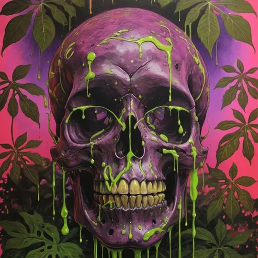 Prompt: psychedelic print skull, green tie dye, green jungle, Africa ,green leaves, melting, dripping yellow paint, neon light rainforest, green, apocalypse, concert poster, green, trick of the eye painting