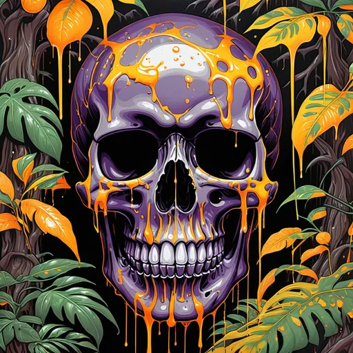 Prompt: psychedelic print orange skull, gun, yellow jungle,  yellow orange leaves, melting,  dripping yellow paint, yellow rainforest, orange, yellow, apocalypse, concert poster, orange, trick of the eye painting