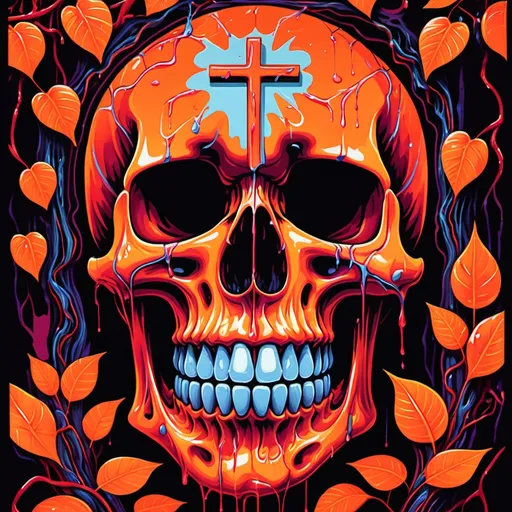 Prompt: psychedelic print skull, camerlengo, neon holy cross , red orange jungle, red leaves, orange vines, melting, dripping paint, concert poster, trick of the eye painting