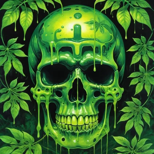 Prompt: psychedelic print two skulls, green tie dye, green jungle, Africa ,green leaves, melting, dripping yellow paint, neon light rainforest, green, apocalypse, concert poster, green, trick of the eye painting