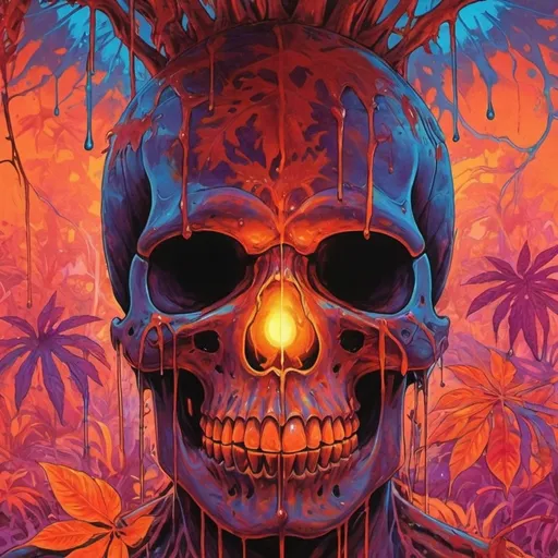 Prompt: psychedelic print skull, orange tie dye, red jungle, Africa ,orange leaves, melting, dripping orange paint, neon light rainforest, red, apocalypse, concert poster, orange, trick of the eye painting