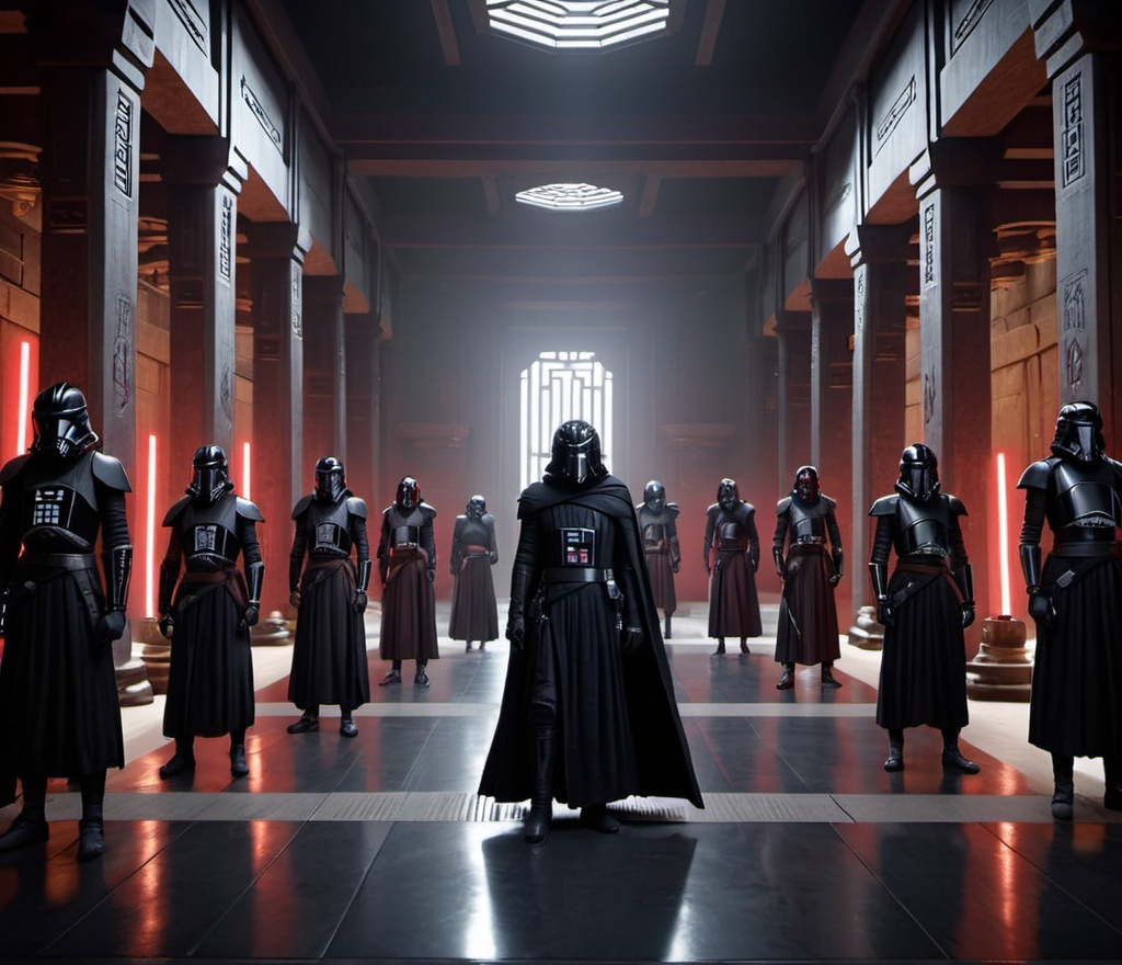 Prompt: Kingts of ren lined up on the sides inside a temple hallway with empty space in the middle for the leaders, star wars , knights of ren, unreal engine