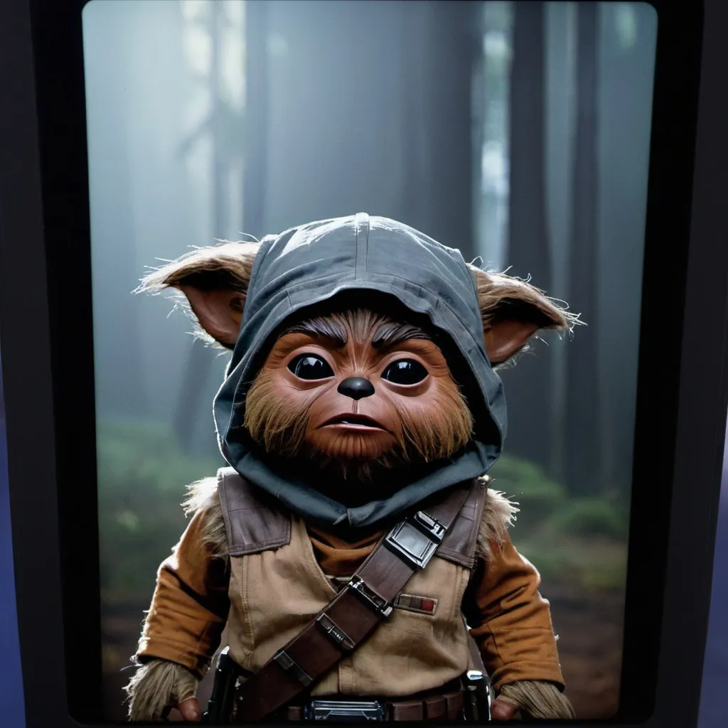 Prompt: Mandalorian ewok on a screen crying with tears
