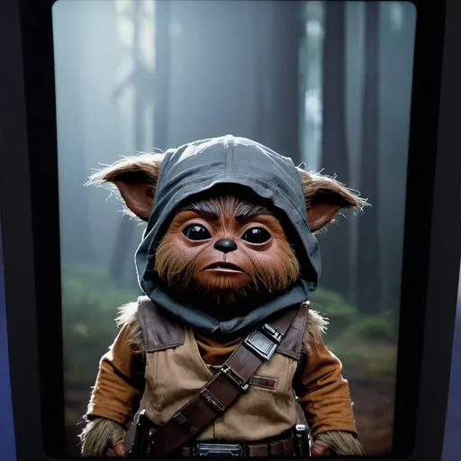 Prompt: Mandalorian ewok on a screen crying with tears
