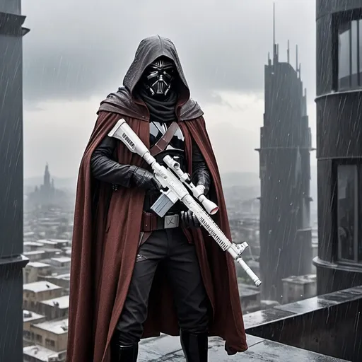 Prompt: starwars assasin with sniper rifle, cloak, on top of abuilding aiming, rain falling
