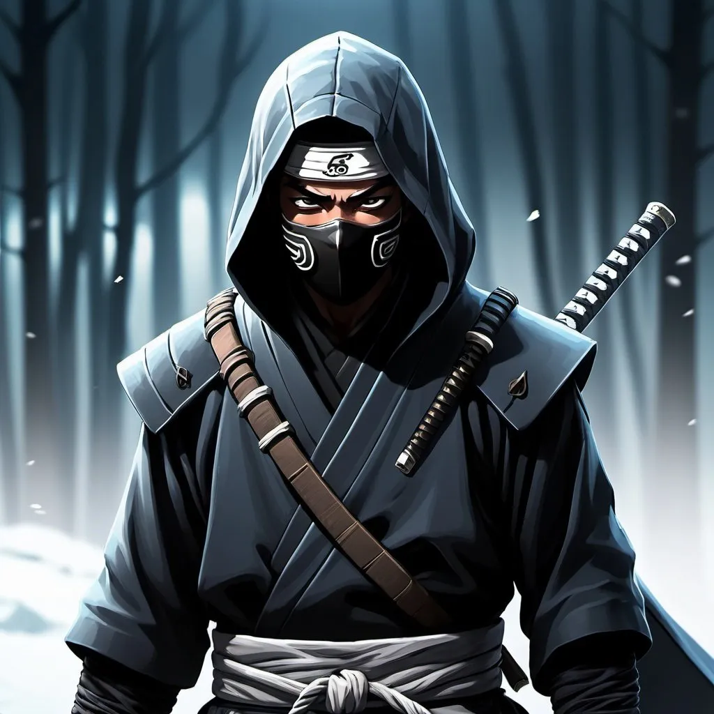 Prompt: Glacier village, Shinobi clan, Anime, Black hood and  mask, hard features, male, katana, shadowy, no wolf or fox ears, several shinobi