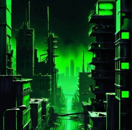 Prompt: post apocalyptic city scape dark neon green 